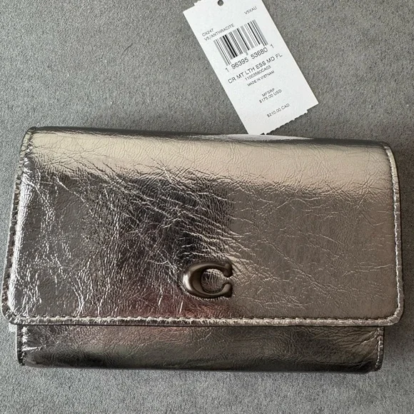 Coach Metallic Leather Snap Wallet Anthracite Gunmetal Hardware NWT - Picture 3 of 13